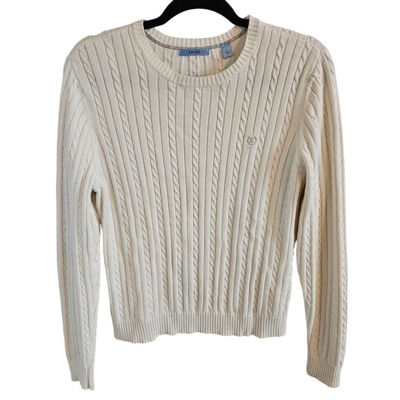 IZOD Woman Size L Cable Knit Cotton Sweater Logo Ivory Classic Preppy Academia - Picture 1 of 6